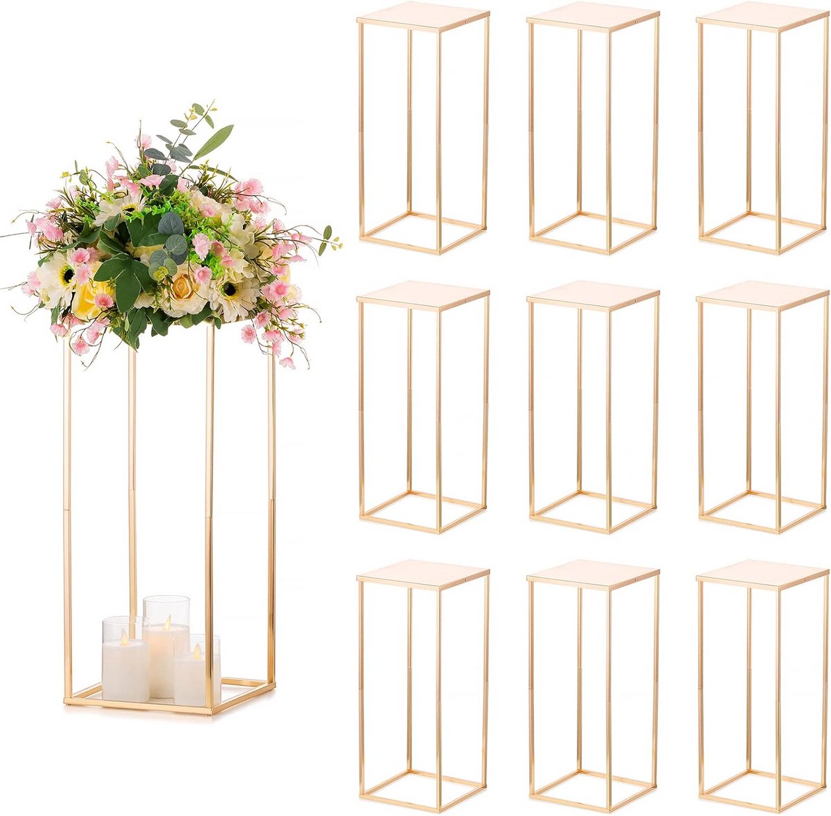 Set van 2 Hoge Metalen Kolom Vazen - Gouden Bloemenstandaards voor Bruiloft & Feesttafeldecoratie (60cm)