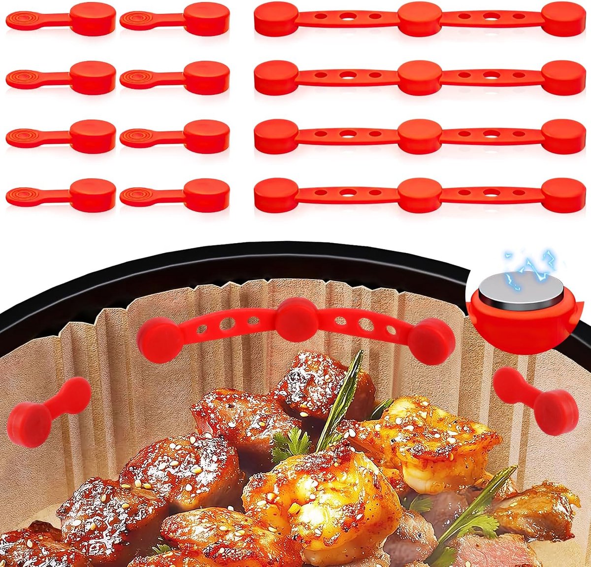 Air Fryer Magnet Silicon Gesp Set Heteluchtfriteuse Magneten Air Fryer Magnetische Silicon Gesp Set Hittebestendig 12Stk voor de Heteluchtfriteuse om Perkamentpapier vast te houden (Rood)