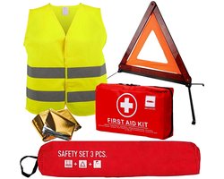 Auto Veiligheidsset 4-Delig incl. EHBO Kit – Gevarendriehoek, Veiligheidsvest & Reddingsdeken – Verplicht in Europa – Auto Noodset / Reis Veiligheid Set