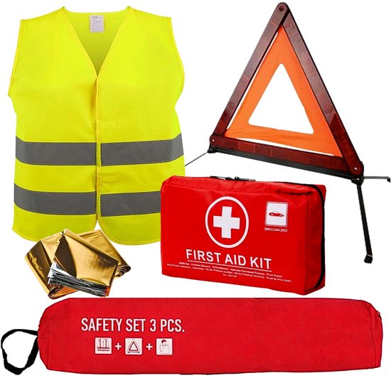 Auto Veiligheidsset 4-Delig incl. EHBO Kit – Gevarendriehoek, Veiligheidsvest & Reddingsdeken – Verplicht in Europa – Auto Noodset / Reis Veiligheid Set