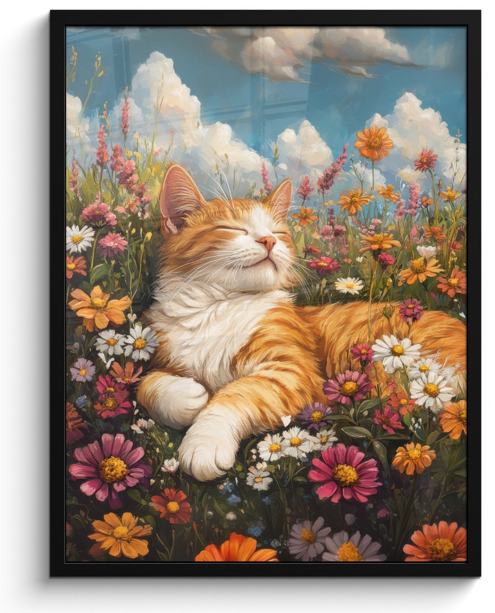 FrameYourWall Poster in lijst - Fotolijst 50x70 cm - Posters - Kat - Bloemen - Ontspannen - Posterlijst zwart - Decoratie - Wanddecoratie woonkamer - Muurdecoratie slaapkamer Kat - Bloemen - Gras