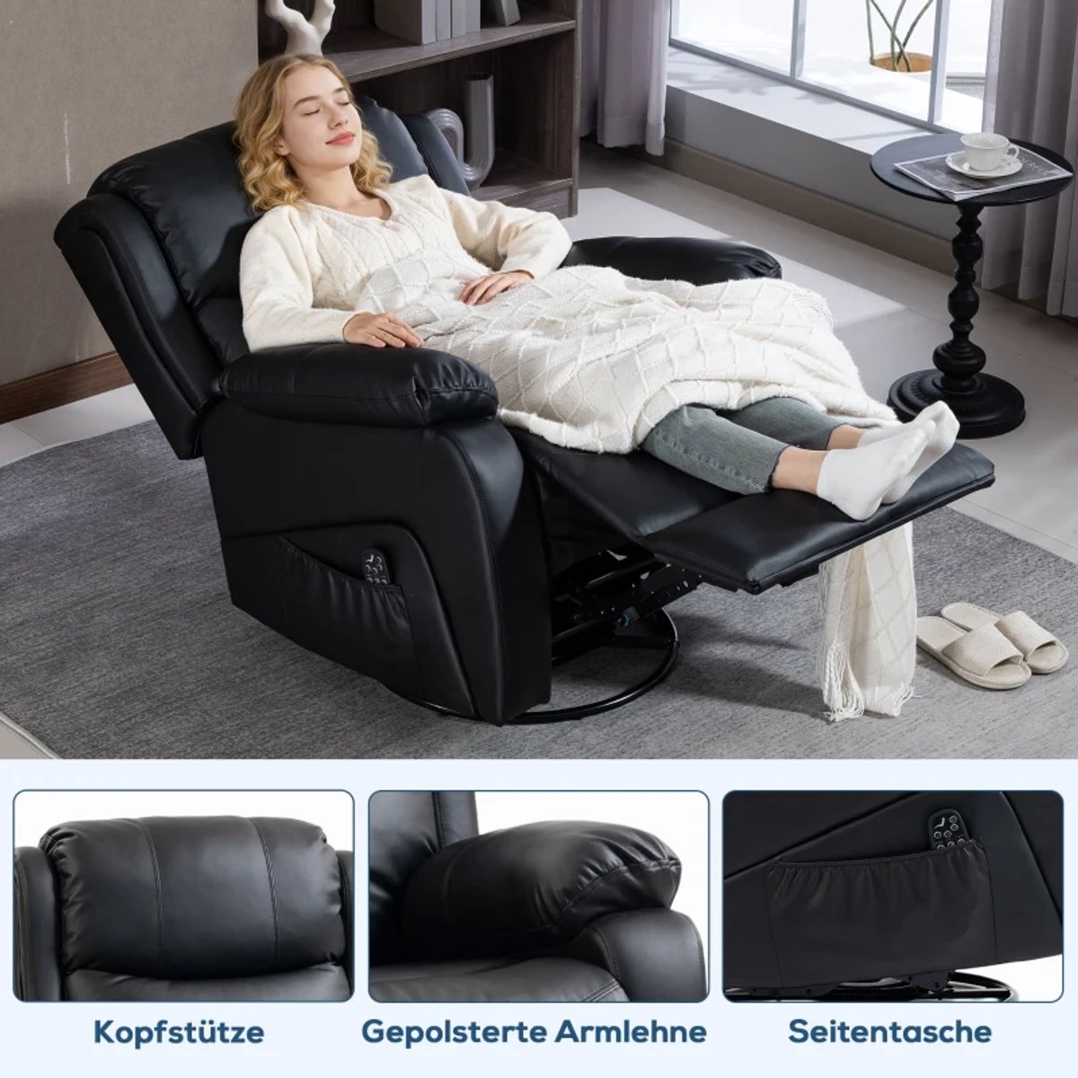 Elektrische Massagestoel - Massagefauteuil met Verwarming en 360°-Draaifunctie - 8 Vibratiekoppen - Kantelbaar tot 145° - tot 135 kg - met Afstandsbediening - Relaxfauteuil - Relaxstoel - TV stoel - Zwart thumbnail 3