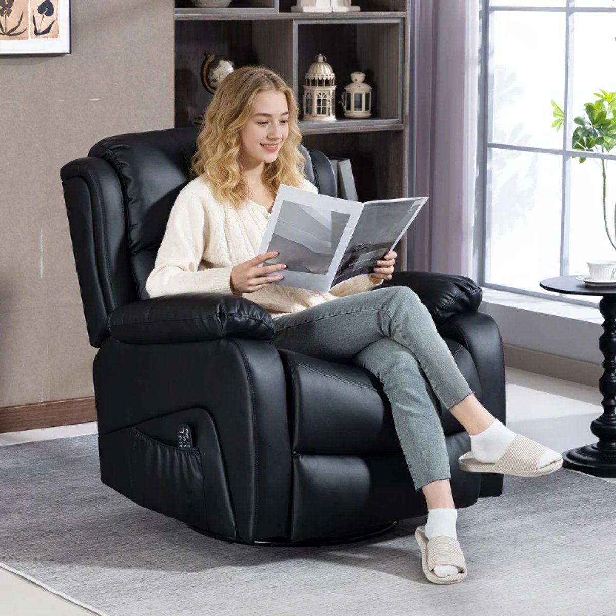 Elektrische Massagestoel - Massagefauteuil met Verwarming en 360°-Draaifunctie - 8 Vibratiekoppen - Kantelbaar tot 145° - tot 135 kg - met Afstandsbediening - Relaxfauteuil - Relaxstoel - TV stoel - Zwart – foto 7