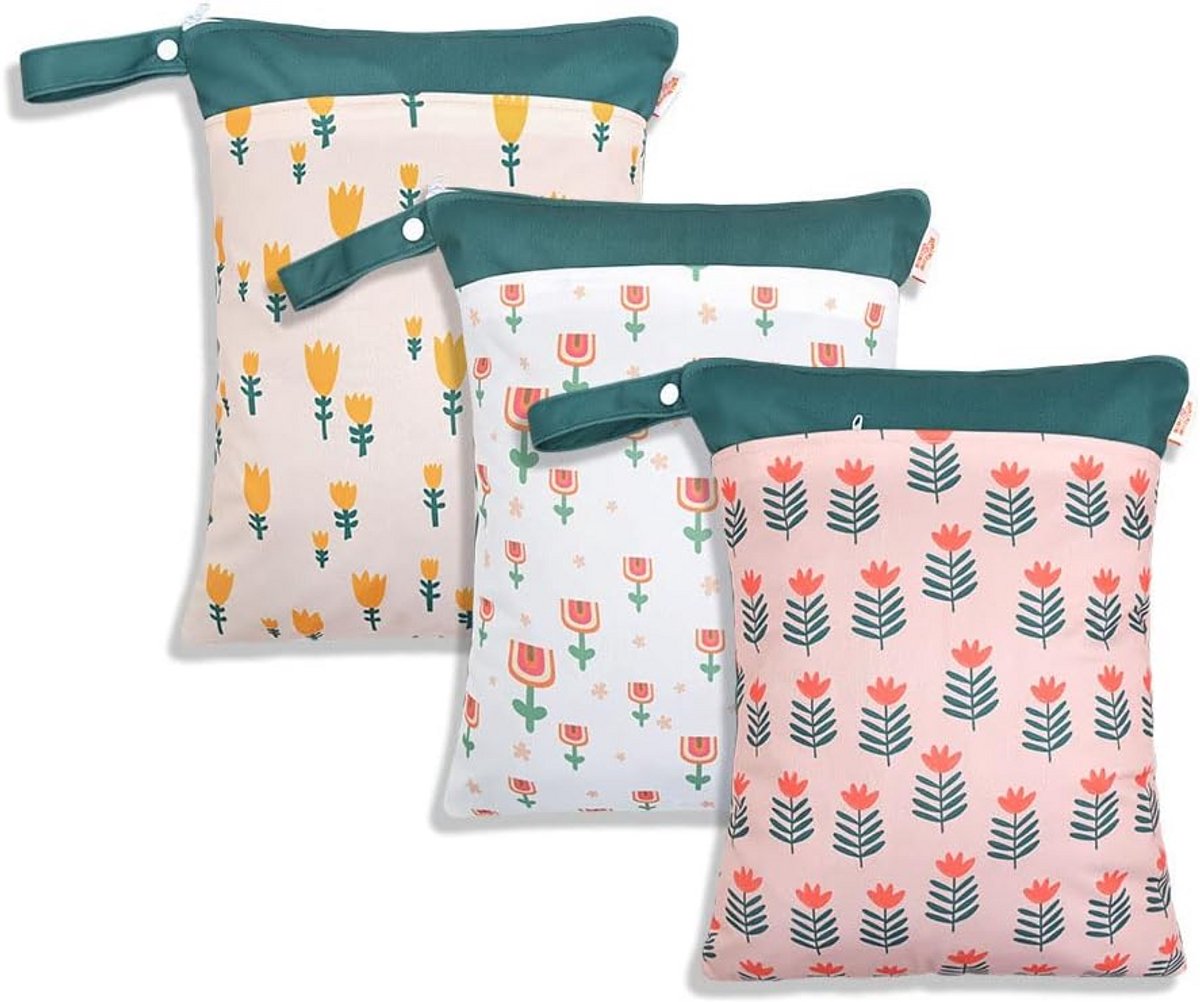 Set 3 Wasbare Luiertasjes Onderweg - Waterdicht & Herbruikbaar - 30x40 cm - Groene Motieven