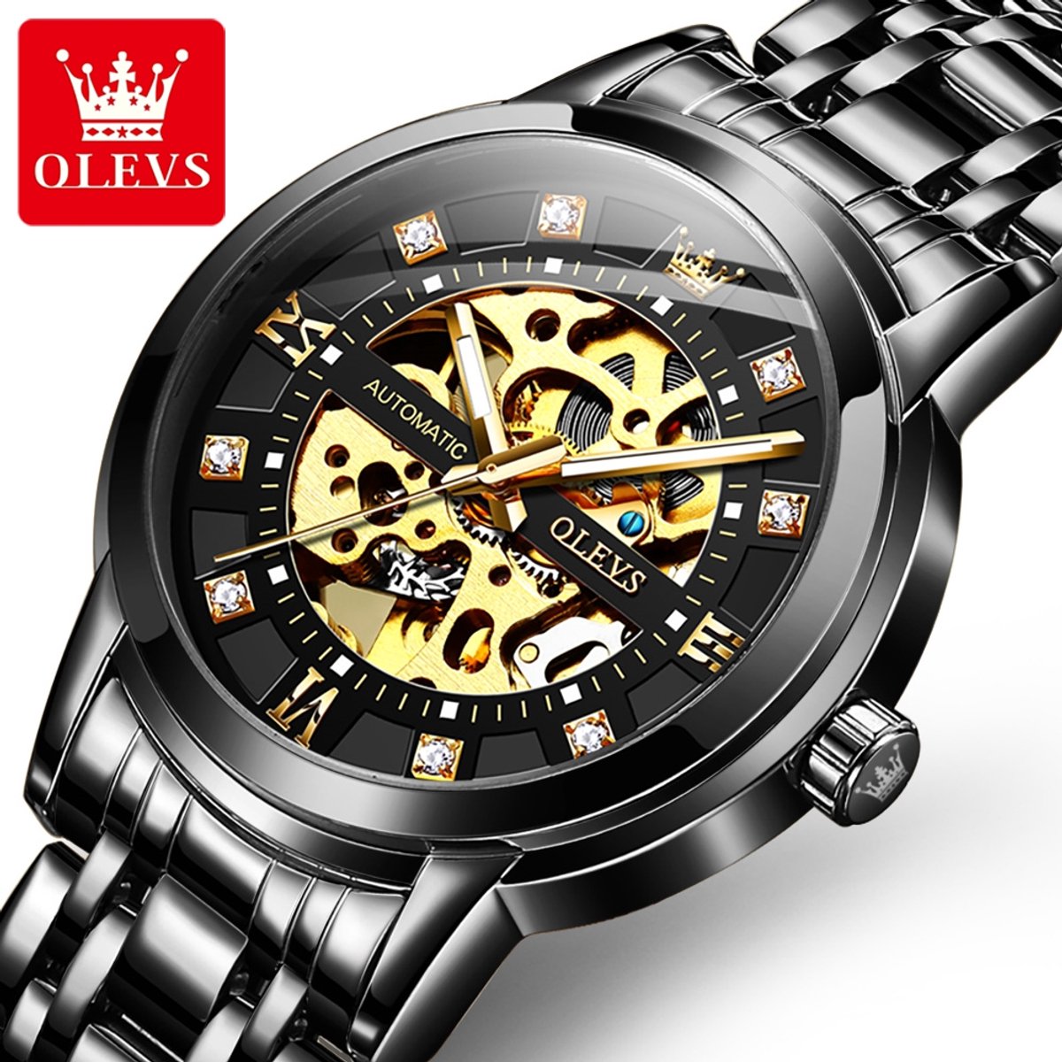 HO-9901.zw-zw : Olevs zwart automatisch-mechanisch edelstaal heren skeleton horloge, 3BAR, tourbillon, luminiscerend