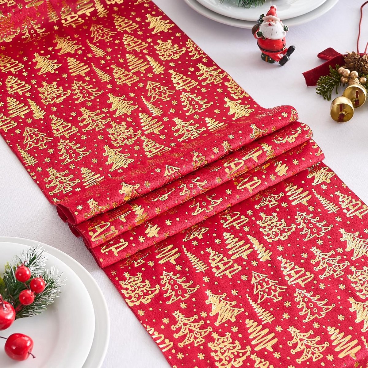 Tafelloper rol 28 x 275 cm rood met gouden glitter kerstmotief