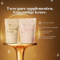 Twee beige zakken, "Zuvéra Colostrum" en "Zuvéra Collagen", op een gouden standaard. Tekst over premium kwaliteit en gemak.
