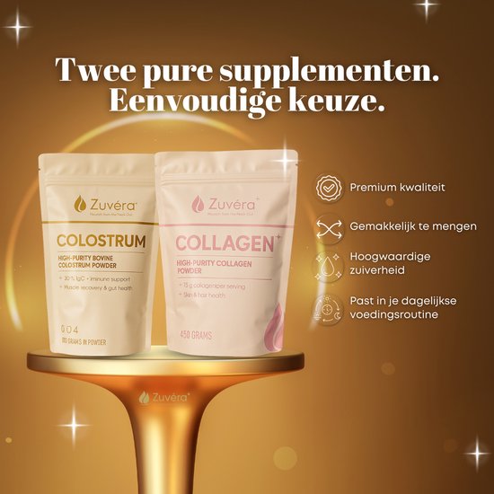 Twee beige zakken, "Zuvéra Colostrum" en "Zuvéra Collagen", op een gouden standaard. Tekst over premium kwaliteit en gemak.