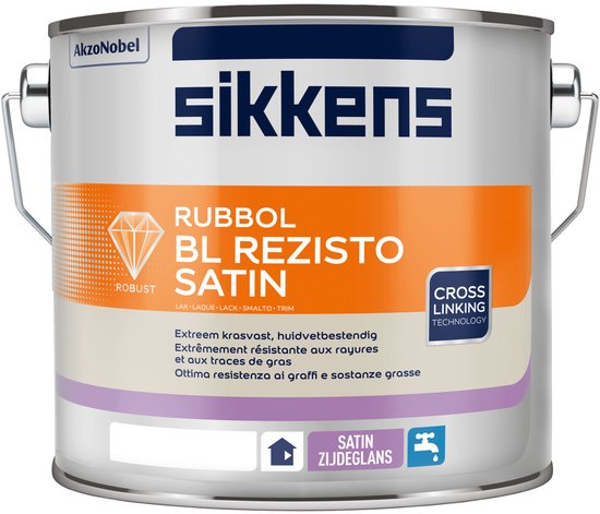 Sikkens Rubbol BL Rezisto Satin lak in blik. Zilverkleurig blik met oranje en witte labels.