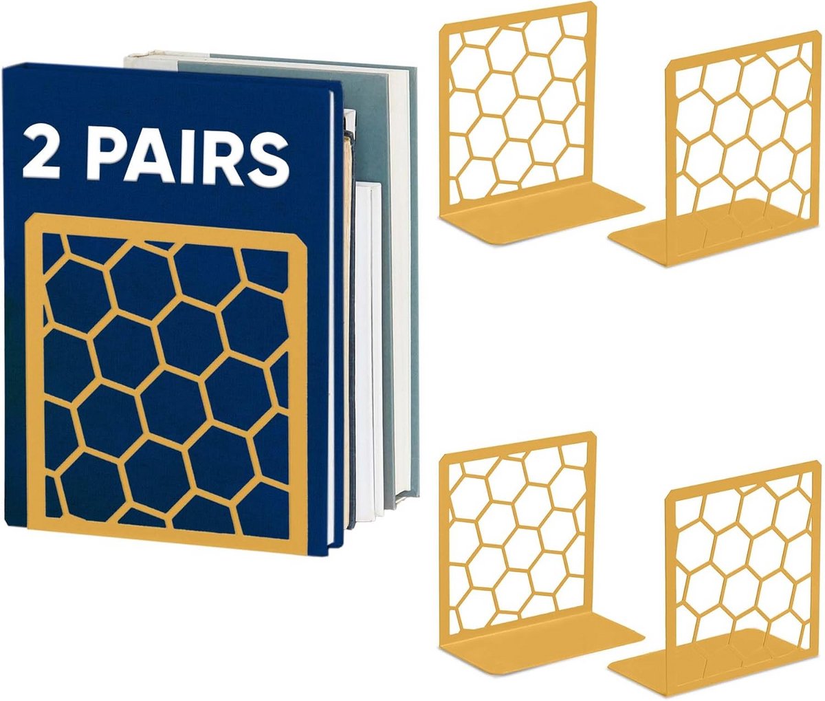 Set van 2 Gouden Geometrische Honingraat Boekensteunen - Metalen L-Vorm Boekstop Voor Boek