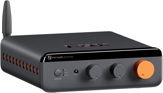 Zwarte Fosi Audio BT20A MAX versterker met oranje volumeknop en antenne.