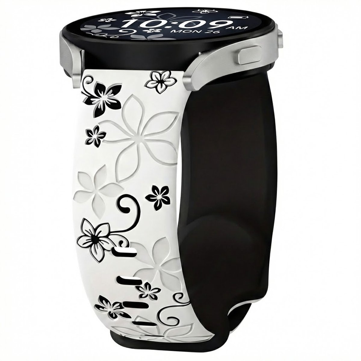 Sterrenlicht zwart silicone horloge band dames geschikt voor 22mm Geschikt voor serie samsung galaxy watch 3 (45 mm) / Galaxy Watch 46 mm horloge – bloemen patroon horlogeband – two tone floral engraved design