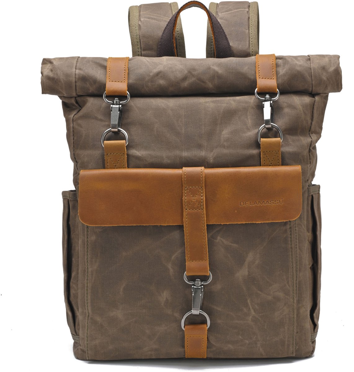 DE LAMASSU® Vintage Canvas Rugzak 15 Inch Laptop – Rolltop Backpack – Waterafstotend – Canvas & Echt Leer – 32x12x45-58 cm – Unisex
