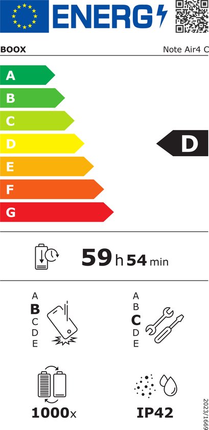 Energie-etiket van BOOX Note Air C met C-label en 59 uur 54 minuten batterijduur.