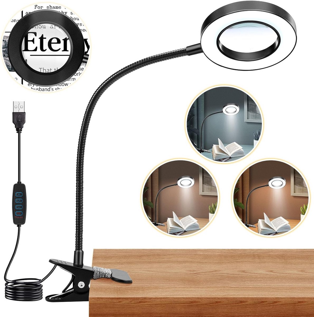 Vergrootglas met LED-verlichting en klem - 10x vergroting, 3 lichtstanden, dimbaar