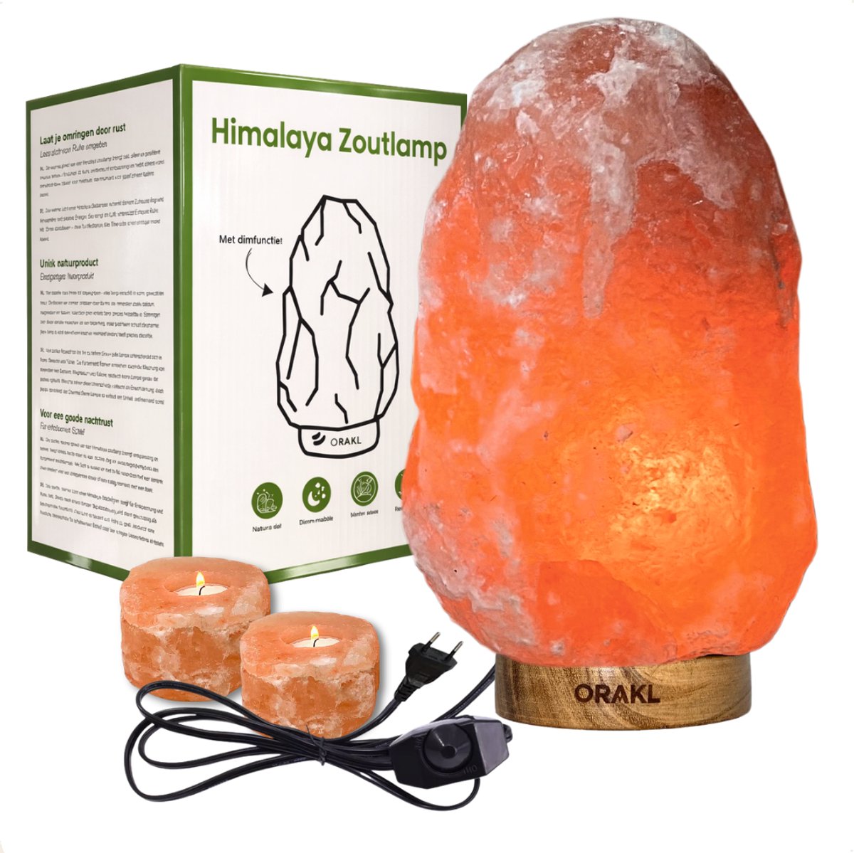 Dimbare Himalaya Zoutlamp Aura – 2-4 KG – Nachtlamp -Tafellamp - Zoutlamp Incl. 2 Theelichthouders