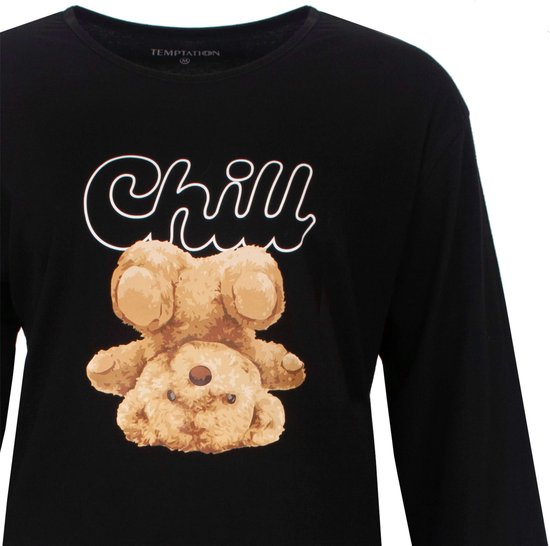 Zwarte lange mouwen nachthemd met 'Chill' en teddybeer opdruk.