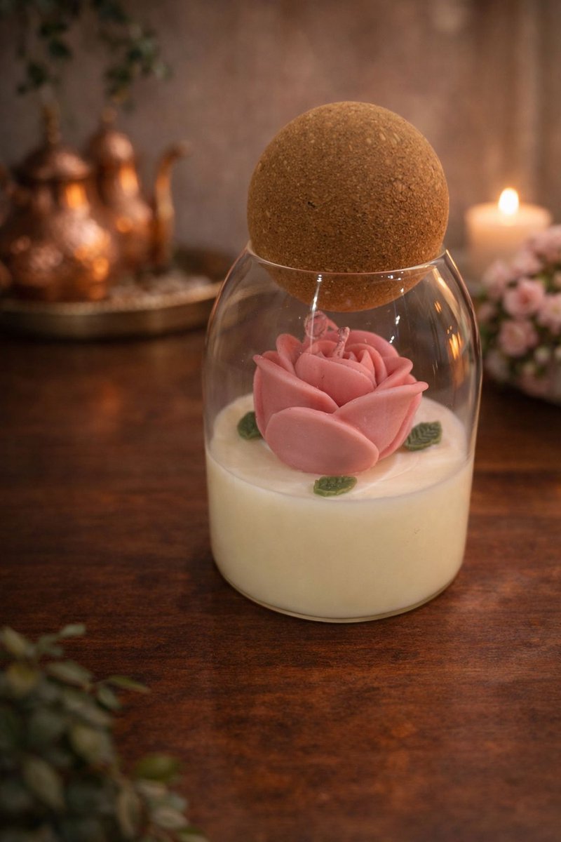 Lumen and Lux Candles Luxe Geurkaars in Glas met Rozen-Sculptuur en Kurken Bol - Handgemaakt - Cadeau voor haar - Moederdag ivoor