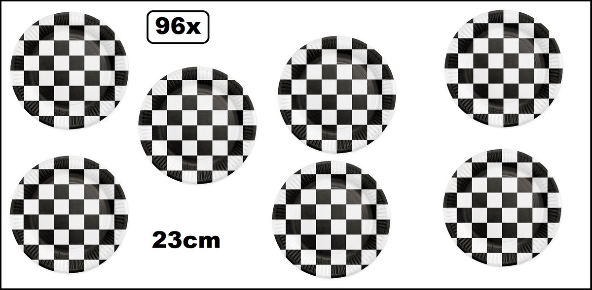 96x Bord 23cm Race zwart/wit karton - Diner eten restaurant Formule 1 BBQ thema feest verjaardag feest