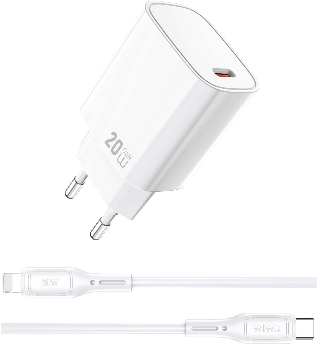 WiWU USB-C snellader 20W – Stekker inclusief Usb-C naar Lightning Kabel – Wit