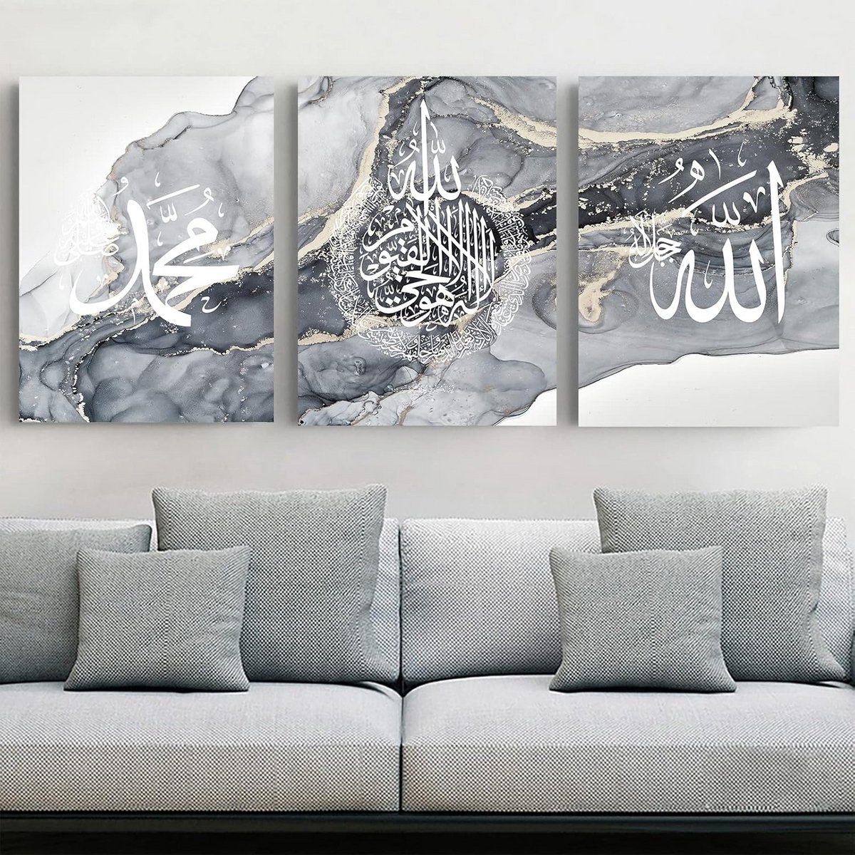 Islamitische Wanddecoratie Set van 3 - Arabische Kalligrafie met Zilveren Marmerlook - Grote Posters voor Woonkamer