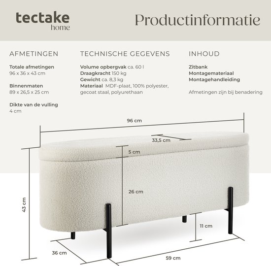 tectake - banc rembourré - banc en MDF Lanja - avec tissu bouclé et espace de rangement - blanc crème
