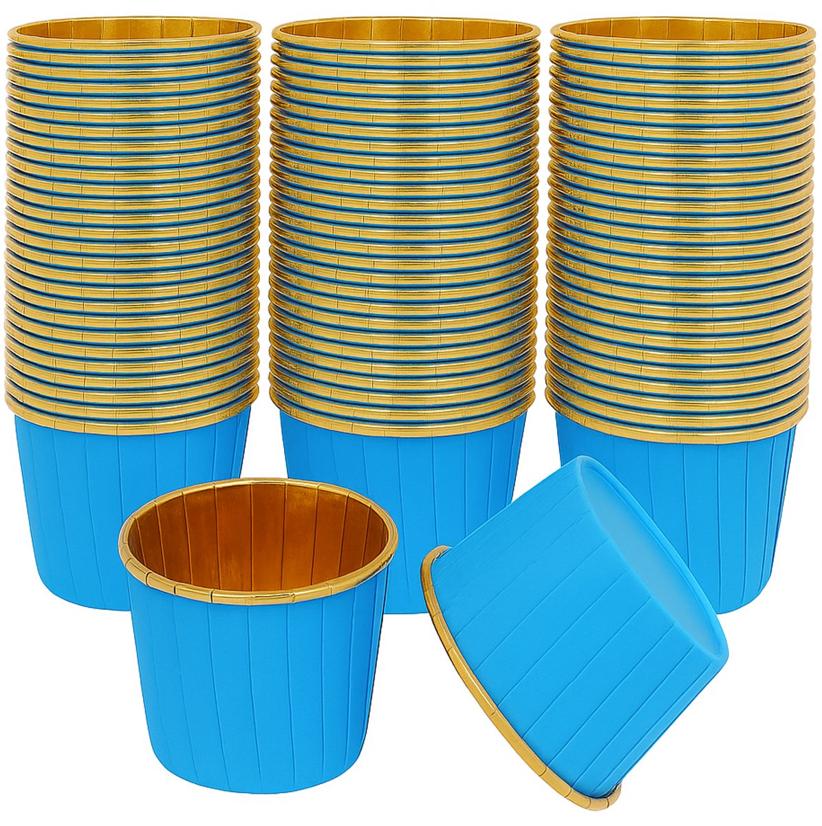 Muffinvormpjes 100 stuks – Blauw & Goud 40×50 mm – Papieren-Aluminium Bakvormpjes voor Cupcakes en Desserts
