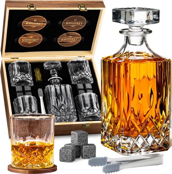 Whisiskey Whiskey Karaf - Luxe Whisky Karaf Set - 700 ml - Decanteer karaf - Whiskey Set - Incl. 8 Whiskey Stones, 4 Whiskey Glazen & Extra Accessoires