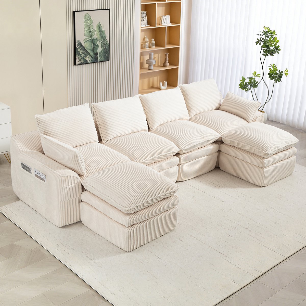 OKWISH Hoekbank 335 x 167 cm - Modulair 4-Zits Met 2 Hockers En Zijvakken - Woonkamer Of Kantoor - Ribfluweel - Beige