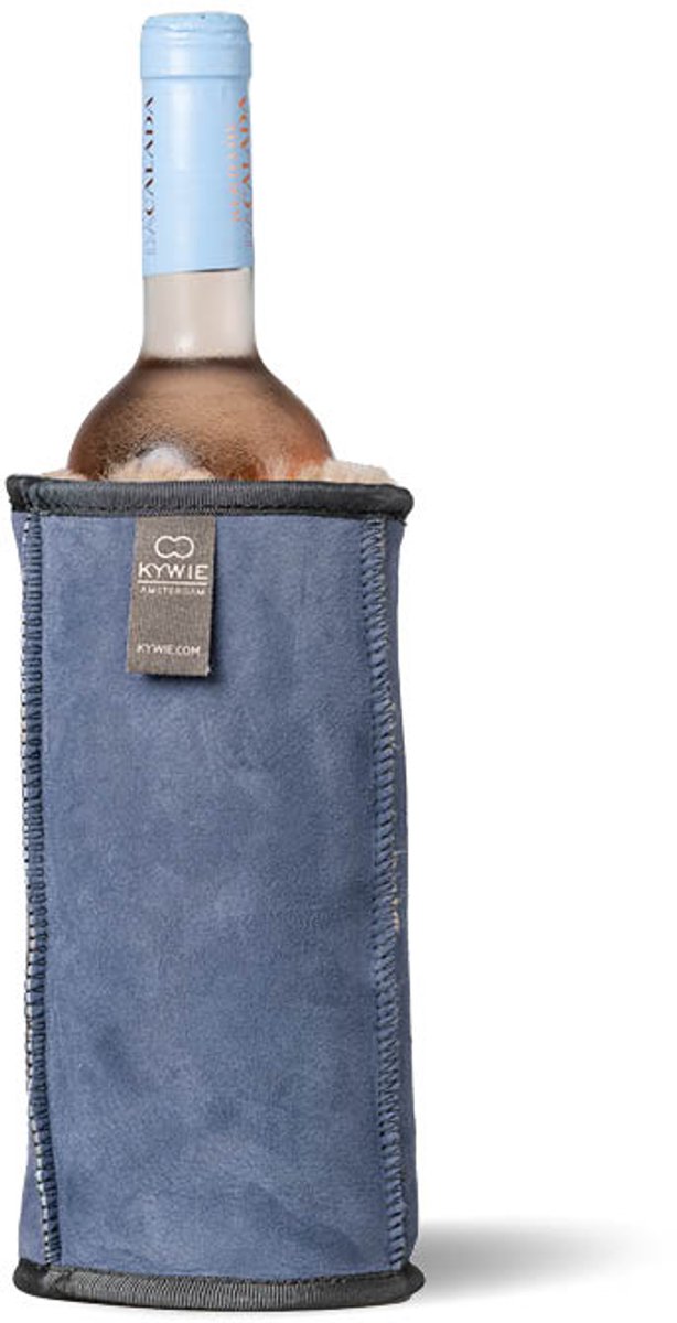 Kywie® wijnkoeler van schapenvacht – 100% natuurlijk – 0,75l – temperatuurbehoudend - geschikt voor wijnflessen, waterflessen en Dopper 800ML – Donkerblauw