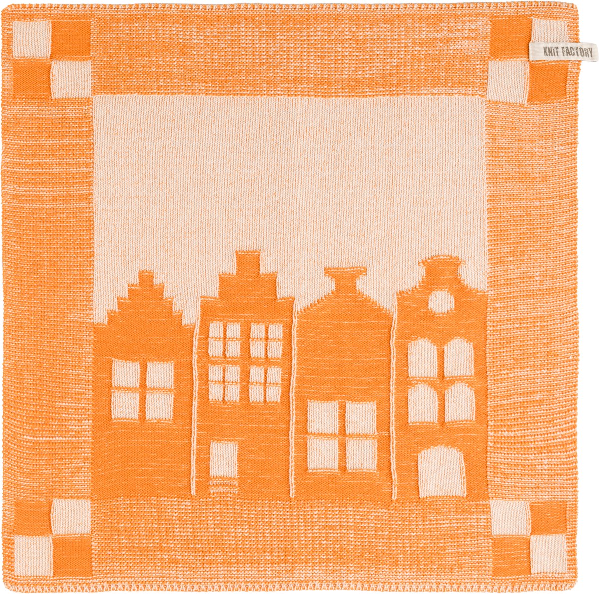 Knit Factory Gebreide Keukendoek - Keukenhanddoek House - Handdoek - Vaatdoek - Keuken doek - Hollandse huisjes aanzicht - Ecru/Orange - Traditionele look - 50x50 cm