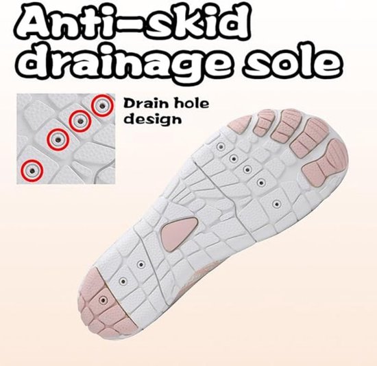 Witte waterschoen zool met roze accenten. De tekst "Antislip drainage zool" en "Drainage gat ontwerp" staat in tekstballonnen.