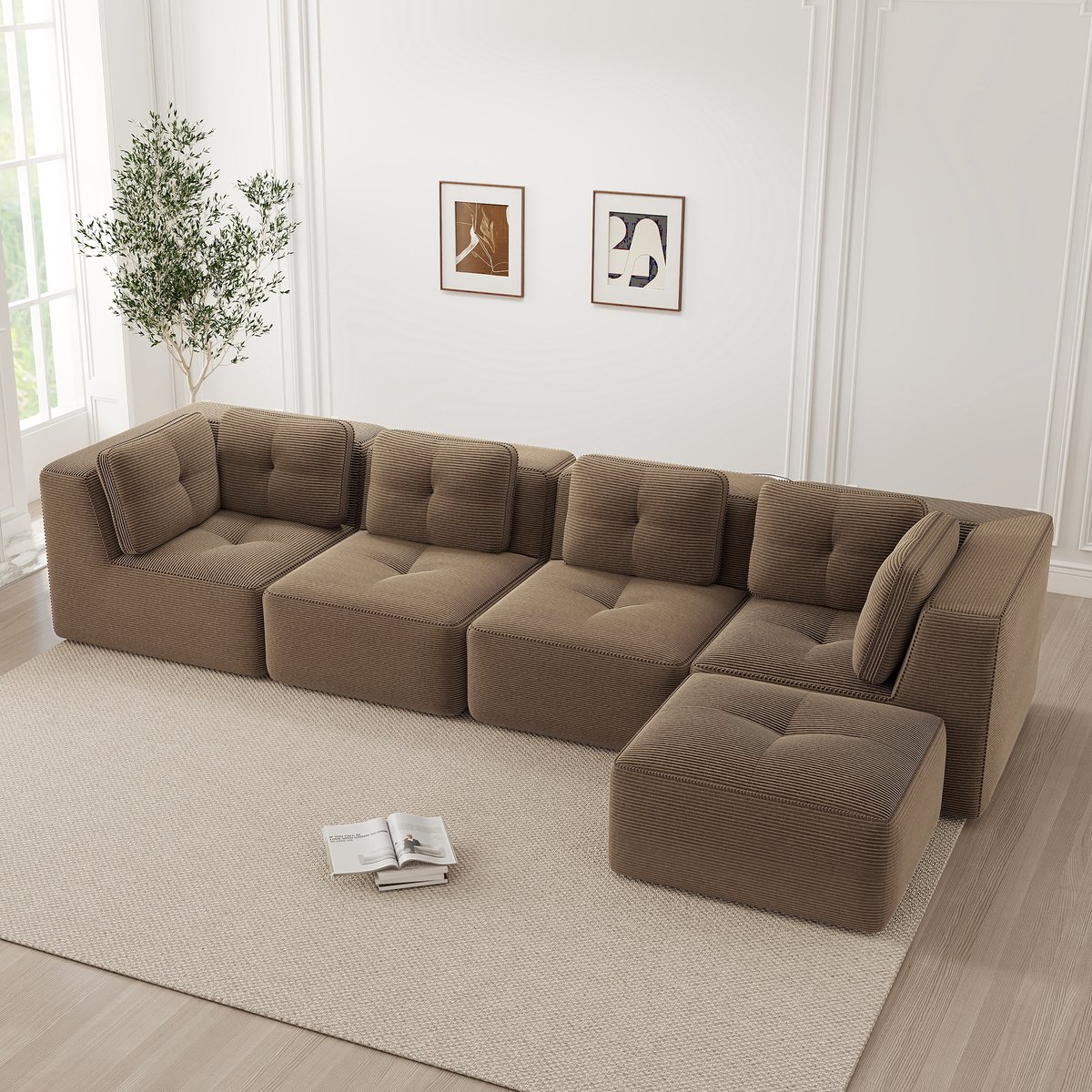 Wishdor Modulaire Hoekbank - Diepe Zitting En Antislip Voet - Modern - Voor Woonkamer - Ribstof - Bruin