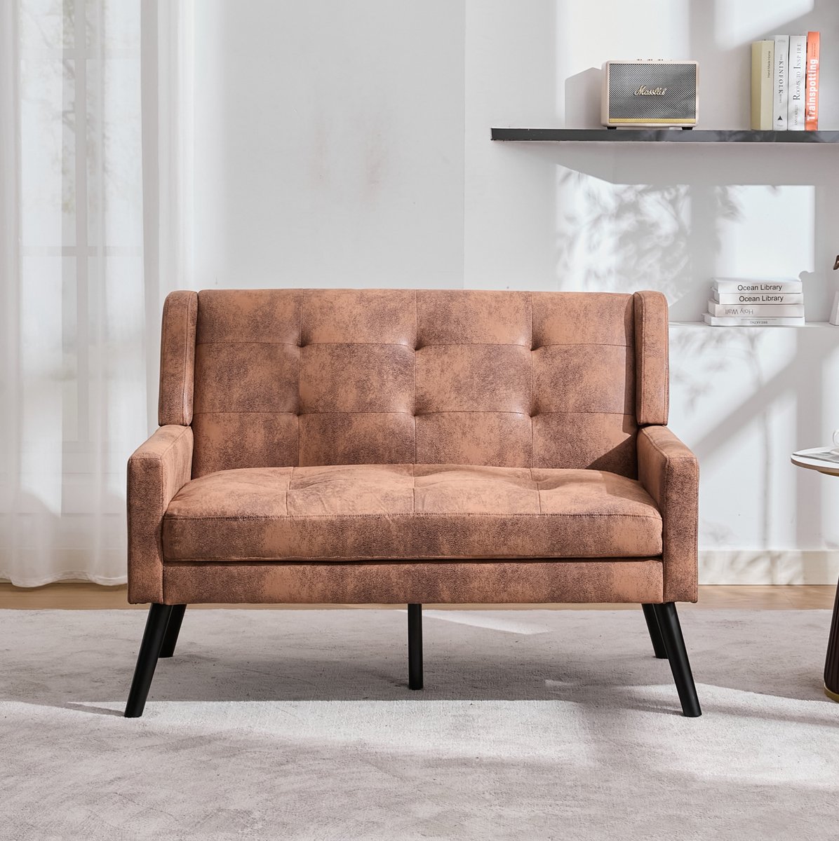 REDOM 2-Zits Zitbank - Gecapitonneerd - Antislip Houten Poten - Modern - Bekleed Met Suèdevlies - Koffie