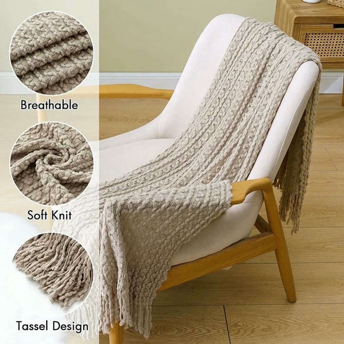 KZQ Gebreide Deken Met Textuur En Kwastjes 110x150 Cm Khaki Decoratief Voor Bank Bed En Stoel