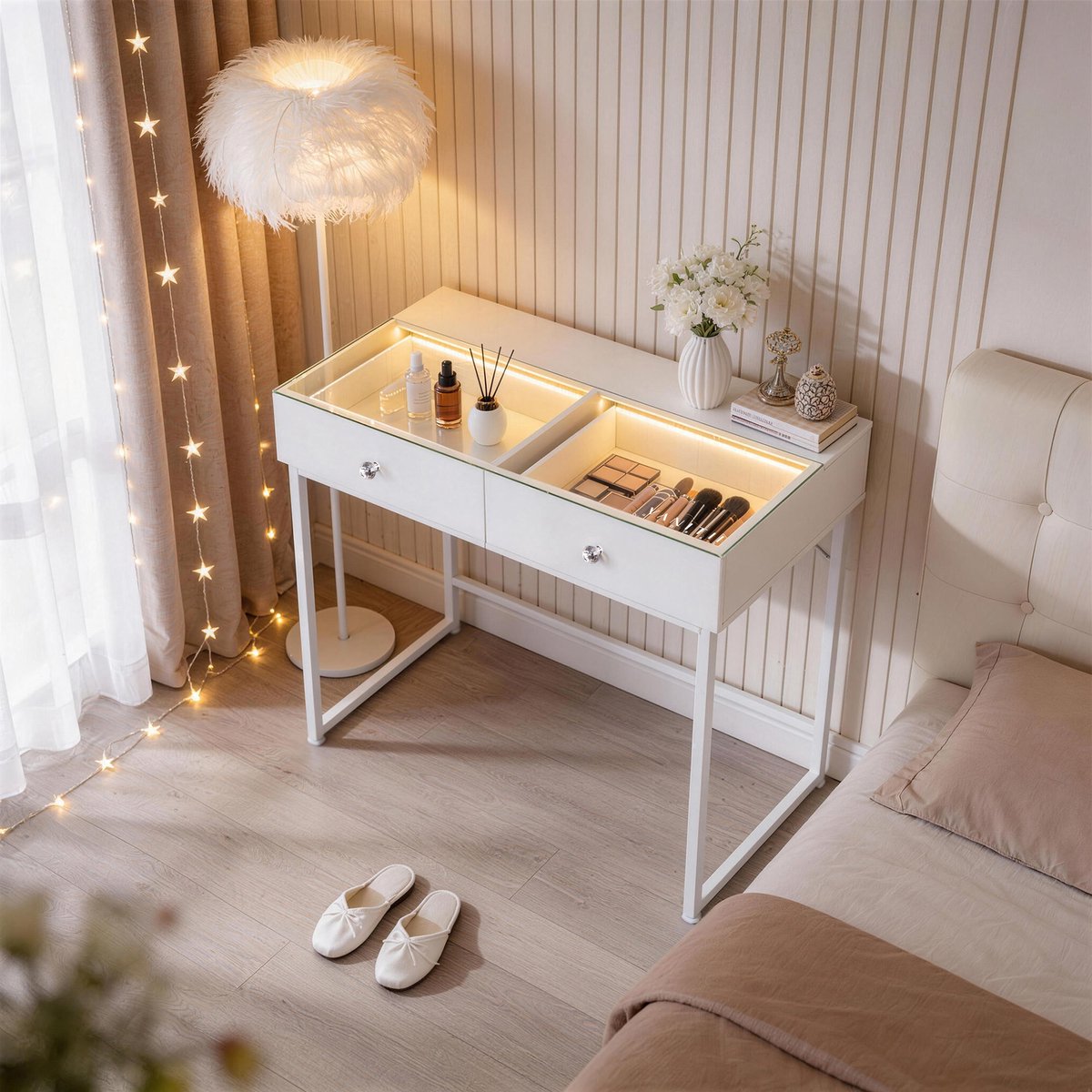 VANITII GLOBAL Kaptafel met LED Verlichting 2 Lades Wit 100 x 81 x 55 cm