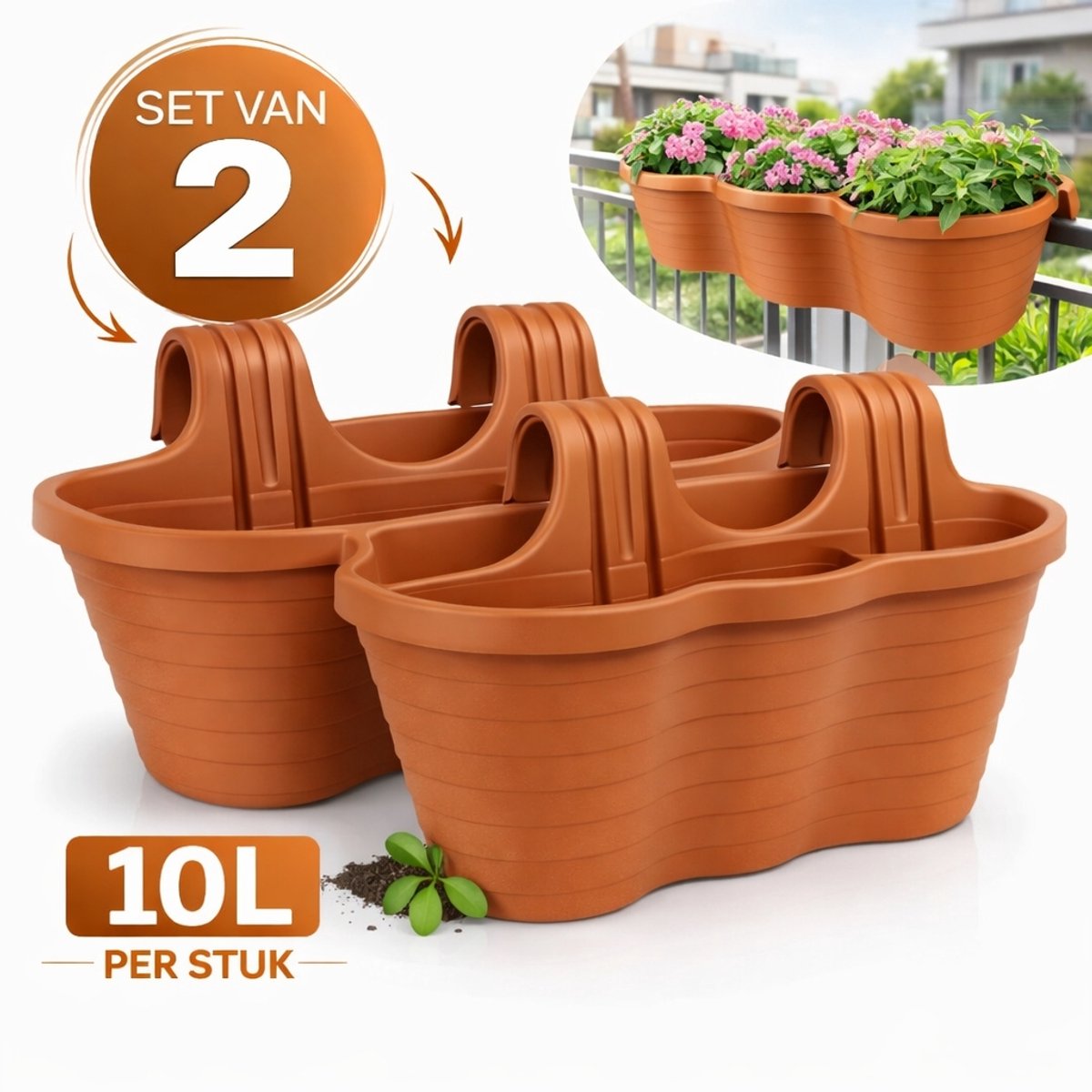 CAMELLIA 3-Delige Hangende Bloempot – 10L – Set van 2 – Balkon Plantenbak – Terracotta – Voor Railing – 30 x 52 x 25 cm