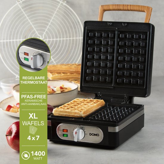 DOMO DO9275W Wafelijzer - XL wafels 4x7 - Belgische Wafels - PFAS-vrij - 1400W - Zwart van Domo — afbeelding 2