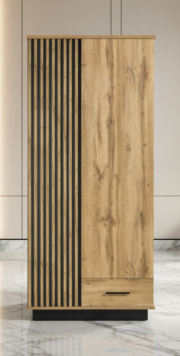 Modern Wotan Eik / Zwart Kleerkast – 2 Deuren, 1 Lade, Met Kledingstang – Garderobekast Voor Woonkamer, Slaapkamer & Hal – 90x52x194 cm House&Garden