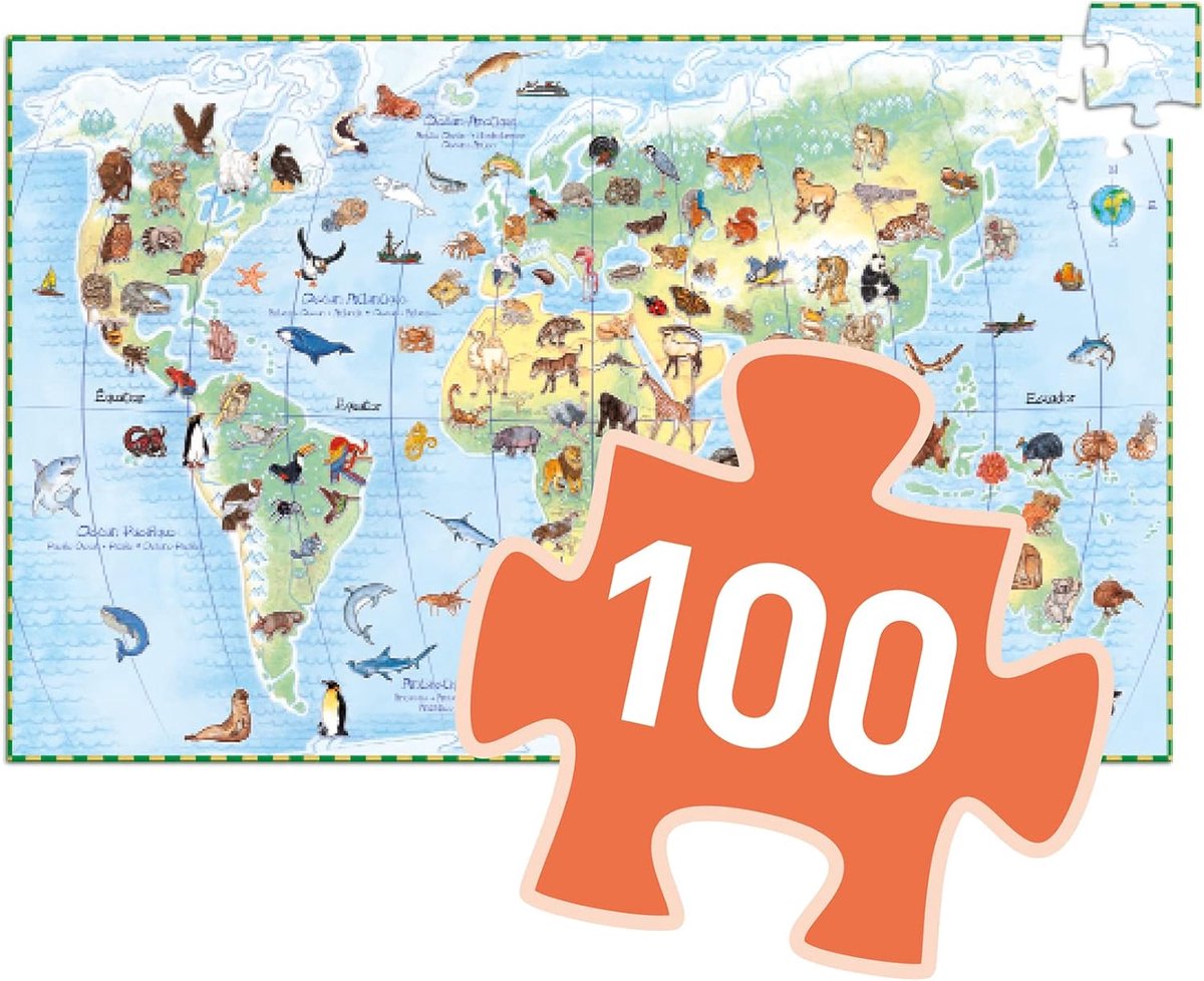 Wereldpuzzel 100 Stukjes - Educatieve Puzzel - Leren Over Dieren - Inclusief Boekje - 61 x 38 cm - Multicolor