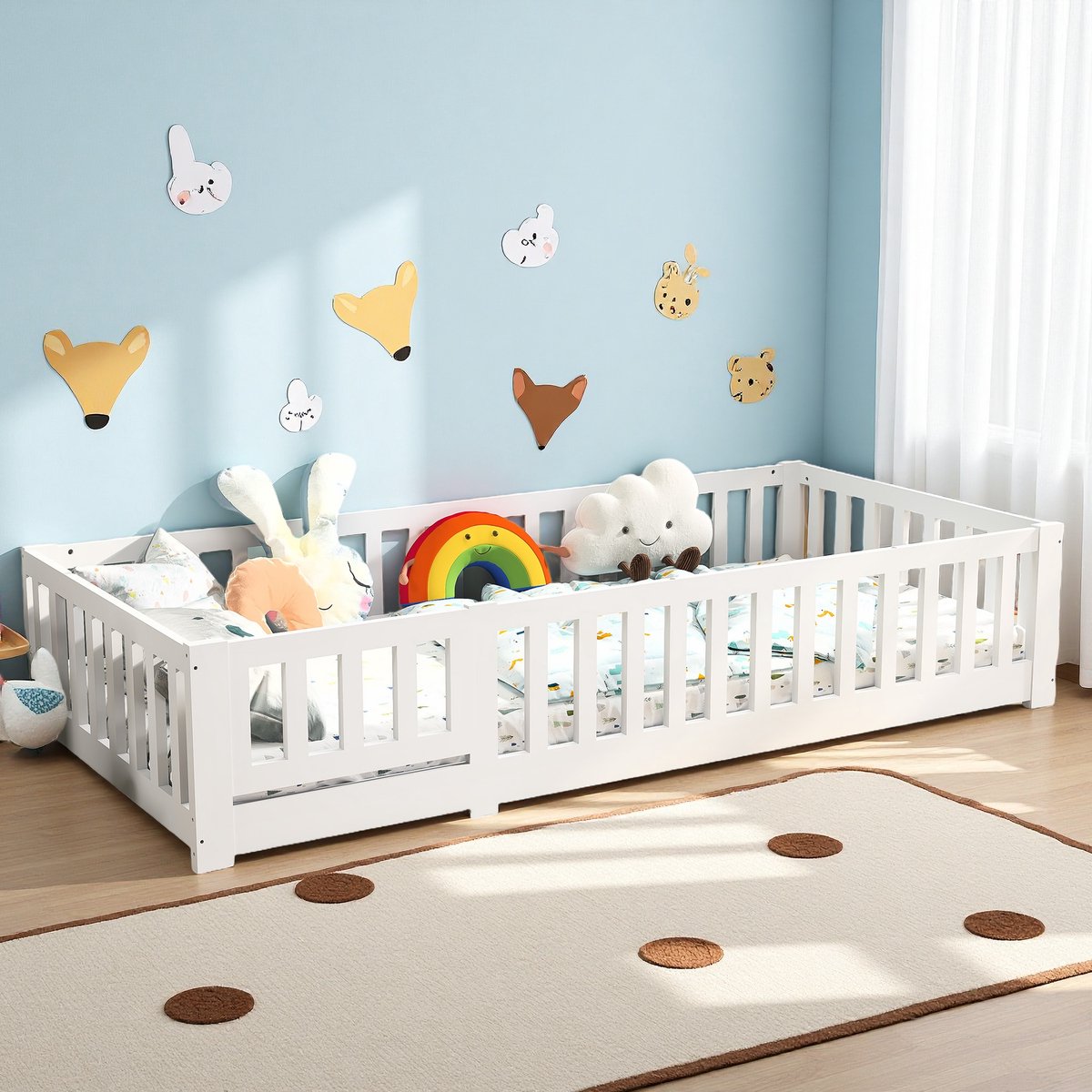 ROSAHQNDA Montessori kinderbed 120 x 200 cm met deur, valbeveiliging en lattenbodem, gemaakt van massief grenenhout, exclusief matras Wit