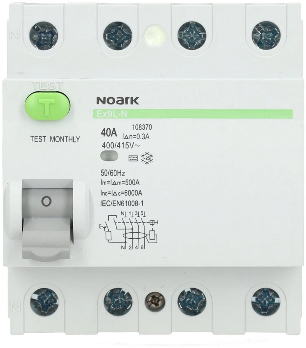Noark aardlekschakelaar 4-polig 40A 300mA type A (Ex9L-N 4P 40A A 300mA)