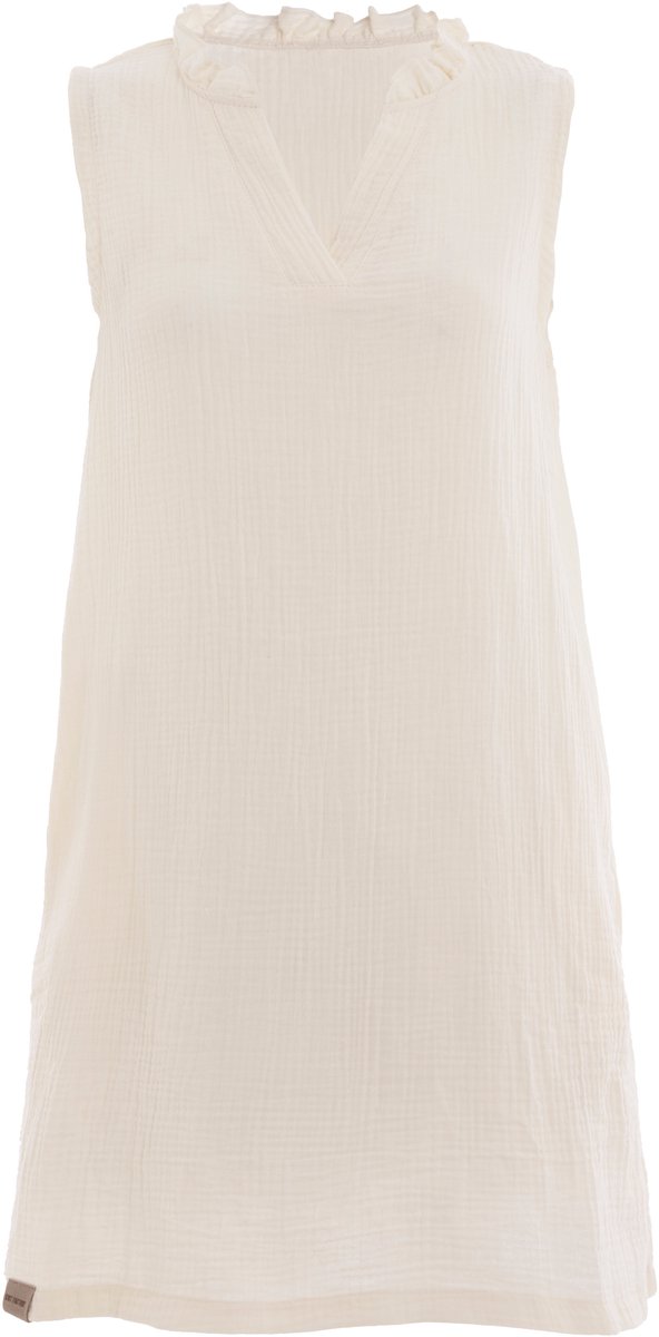 Knit Factory Sola Dames jurk - Zomerjurk - Casual dames jurk - Luchtige Mousseline Jurk - Zomer kleedje - 100% Ecologisch Katoen - V-hals - Tot net boven de knie - Ecru - 36/38
