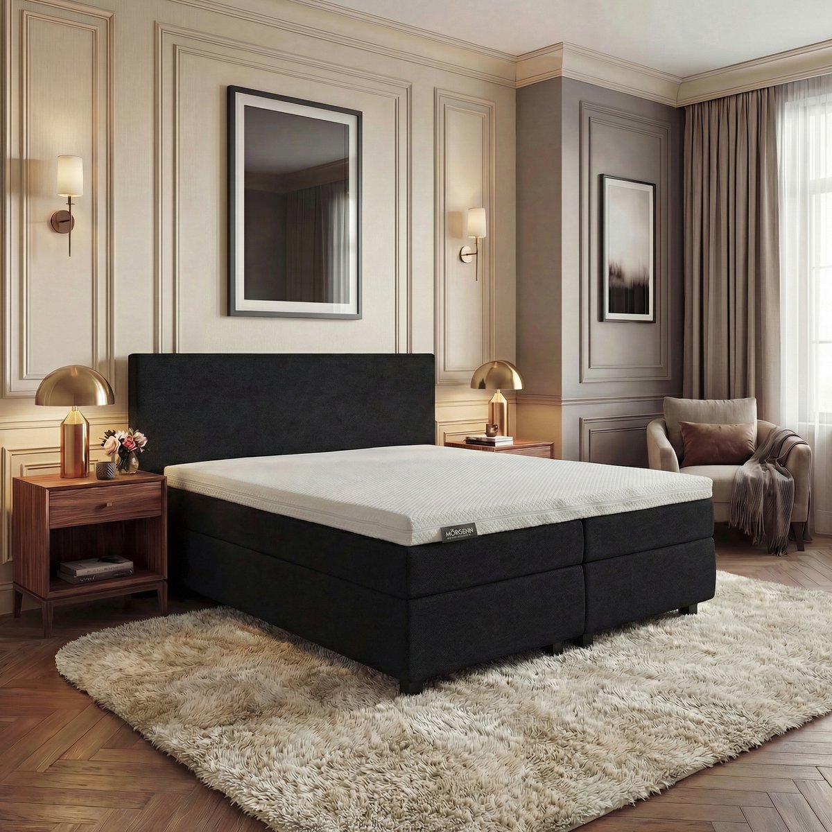 Mörgenn Hotel en B&B Boxspring - Pocketvering - Zwart - 160x220 cm - Inclusief Dekbed en Kussens