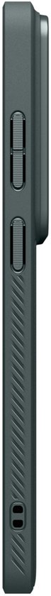 Zijaanzicht van een donkergroen hoesje voor Samsung Galaxy S26 Ultra met knoppen en poorten.
