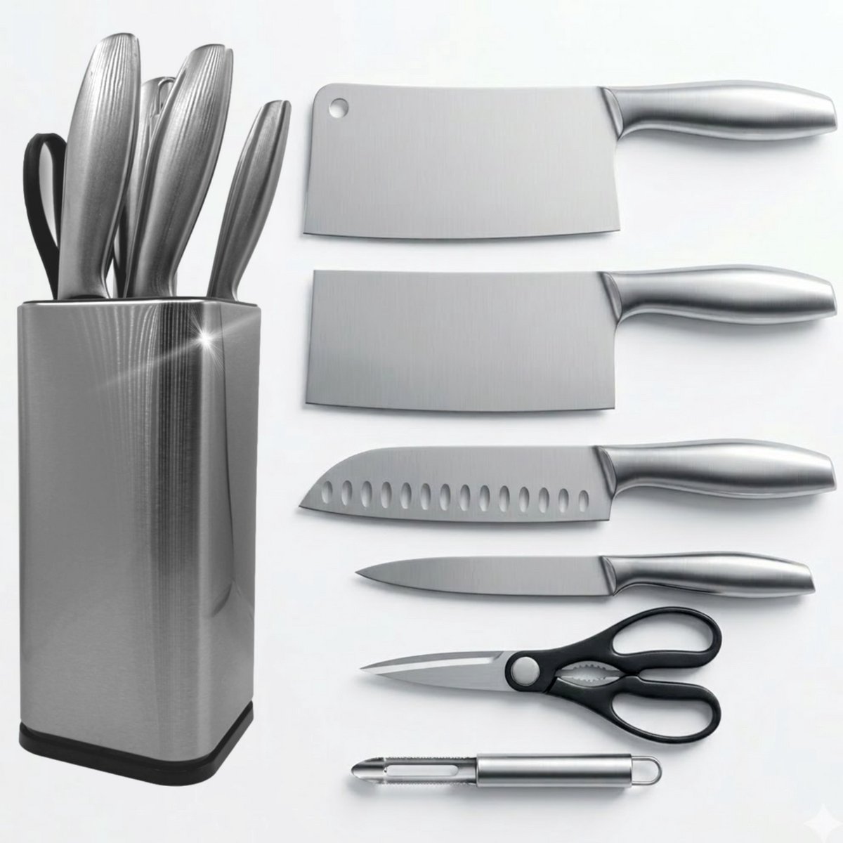 Messenset met Messenblok – 7-delig – RVS Keukenmessen met Houder – Zwart/Zilver – Hakmes, Santoku & Aziatisch Koksmes
