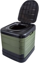 Groen en zwart porta-toilet, deksel omhoog.