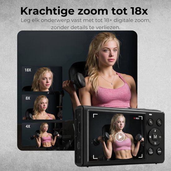 Vrouwen met dumbells, weergegeven met 4x, 8x en 18x digitale zoom op de 5K camera.