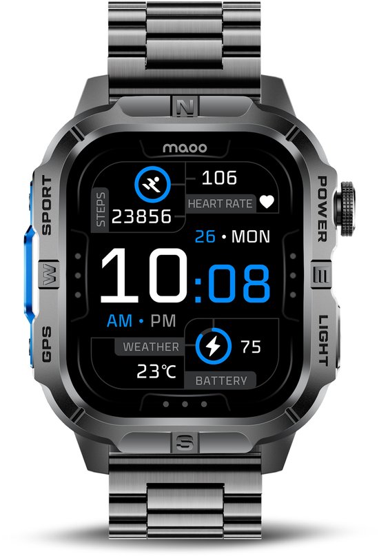 Maoo FORGE GPS Square - GPS Smartwatch Heren - Sporthorloge - 3 Bandjes - Stappenteller - Hartslagmeter - Slaapmonitor - Belfunctie - LED Zaklamp - Multisport - Geschikt voor Android en iOS - Gun Metal Blue