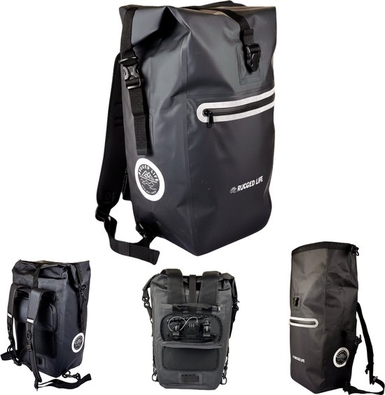 Rugged Life™ Fietstas 3-in-1 31L Waterdicht - Met Reflecterende Logos Zijkanten - Laptopvak, Rugtas, Slot - Zwart